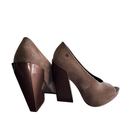 Melissa Womens Peep-Toe Heels With Geometric Block Heel Design Size 6 Brown Text - Picture 5 of 7